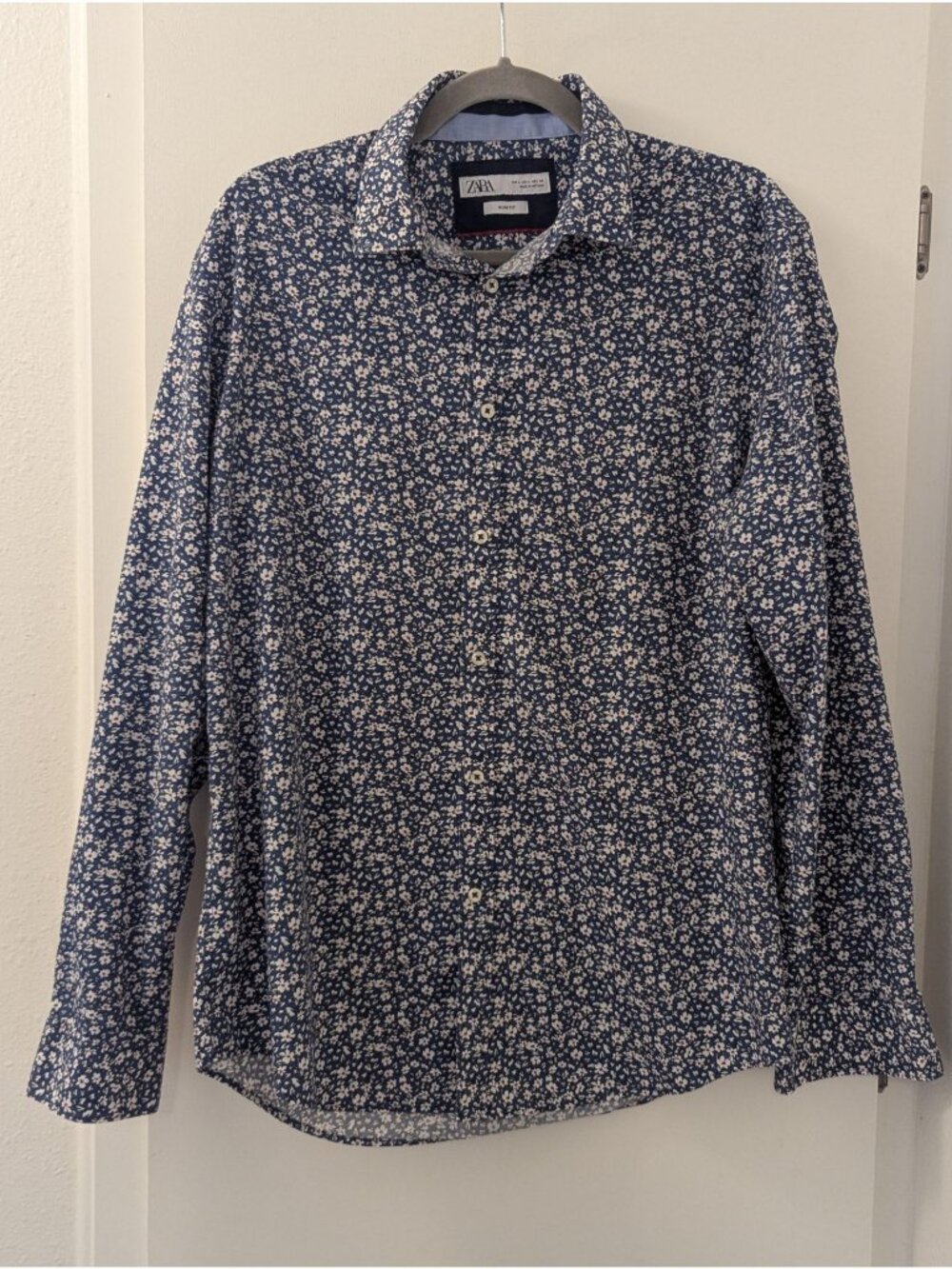 Zara Mens Slim Fit Floral Print Button-Up Long Sleeve Shirt Size L Blue & White